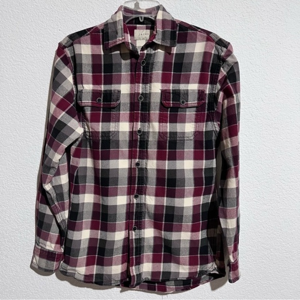 Jachs Brawny Gray Burgundy Plaid Check Cotton Flannel Outdoors Heavy-duty Shirt